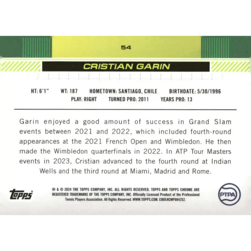 2024 Topps Chrome #54 Cristian Garin EX Excellent Tennis Card - Tennis Card Single