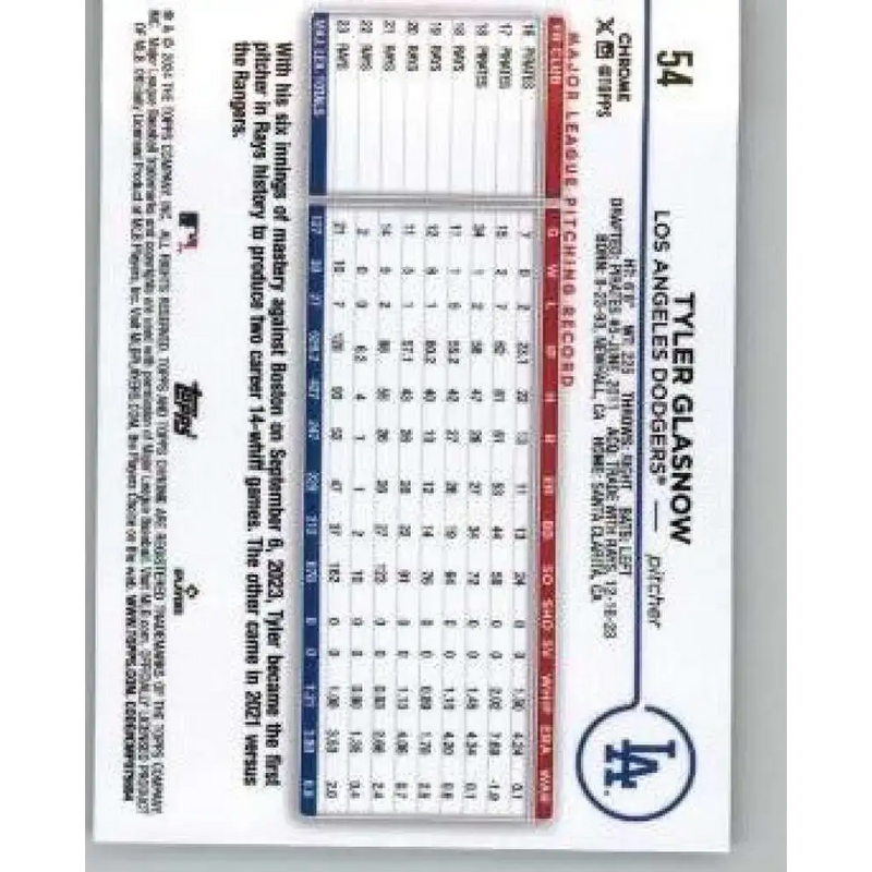 2024 Topps Chrome #54 Tyler Glasnow NM-MT Los Angeles Dodgers Baseball Card - Baseball Card Single