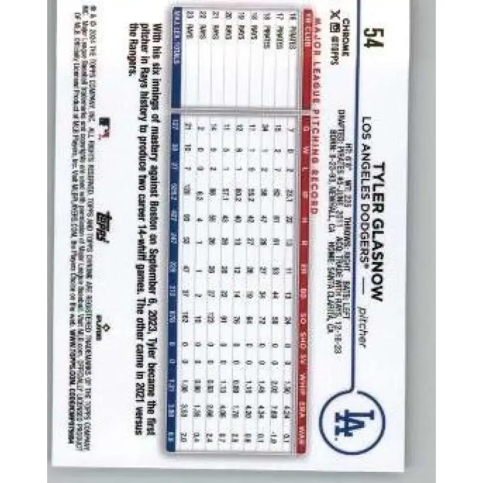 2024 Topps Chrome #54 Tyler Glasnow NM-MT Los Angeles Dodgers Baseball Card - Baseball Card Single