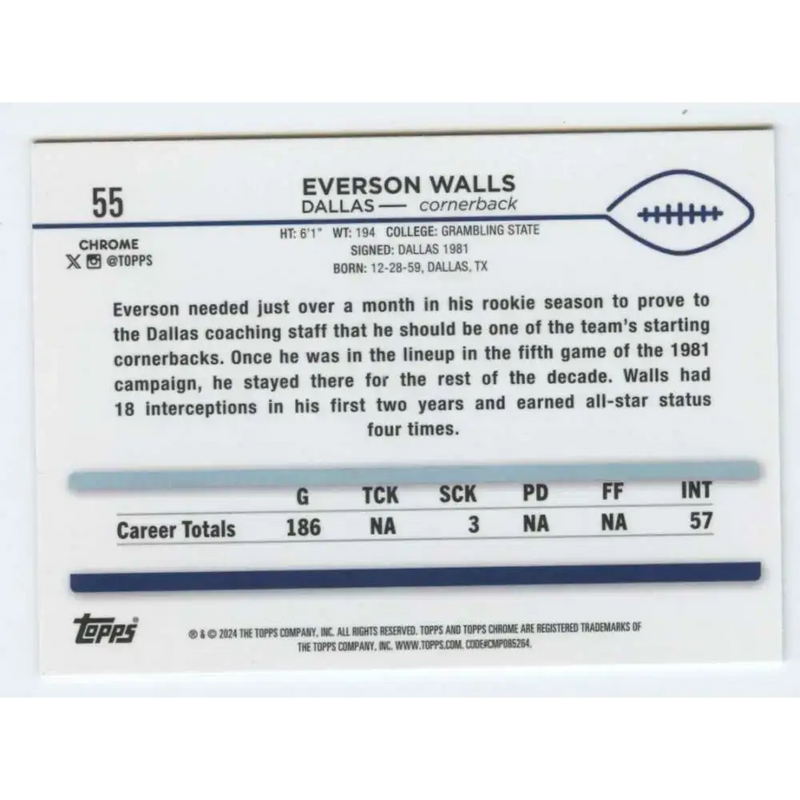 2024 Topps Chrome #55 Everson Walls NM-MT Dallas Cowboys Football Card - Football Card Single