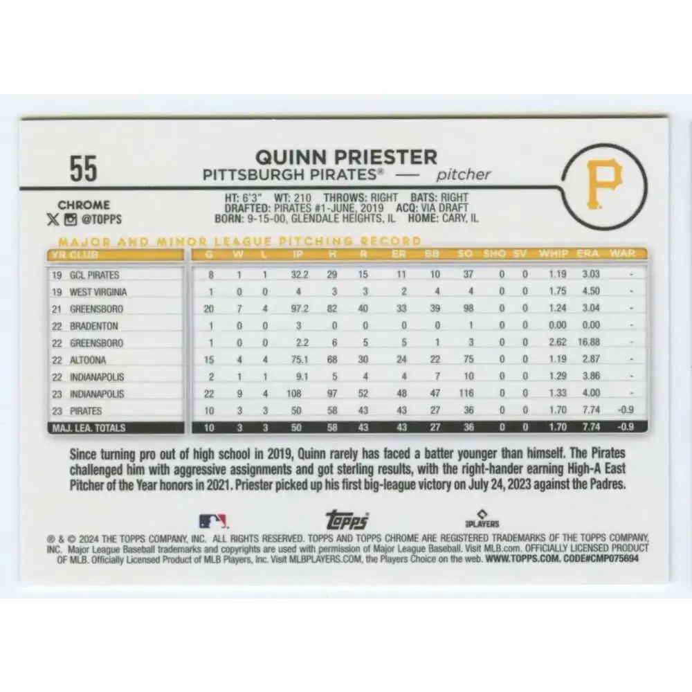 2024 Topps Chrome #55 Quinn Priester NM-MT RC Rookie Pittsburgh Pirates Baseball Card - Baseball Card Single