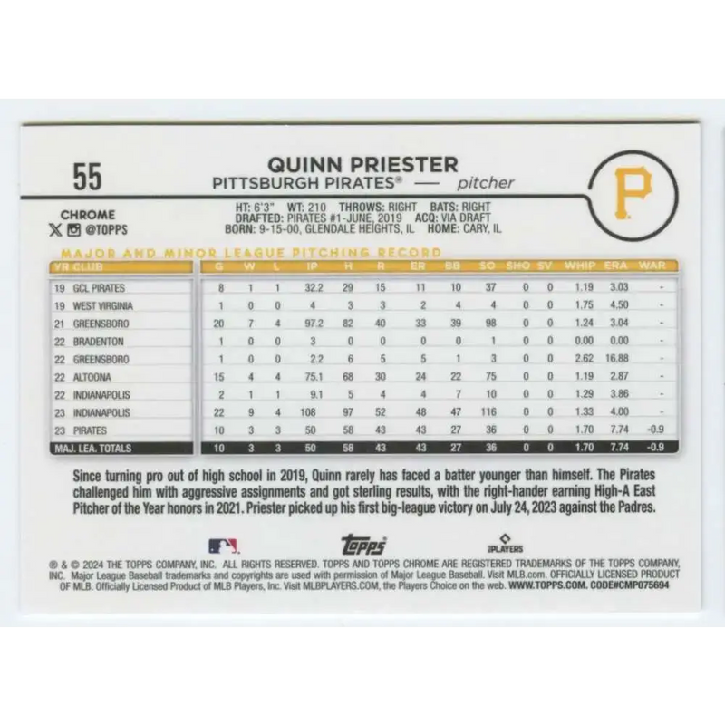2024 Topps Chrome #55 Quinn Priester NM-MT RC Rookie Pittsburgh Pirates Baseball Card - Baseball Card Single