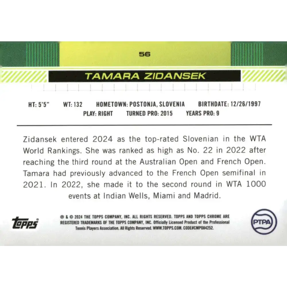 2024 Topps Chrome #56 Tamara Zidansek EX Excellent Tennis Card - Tennis Card Single