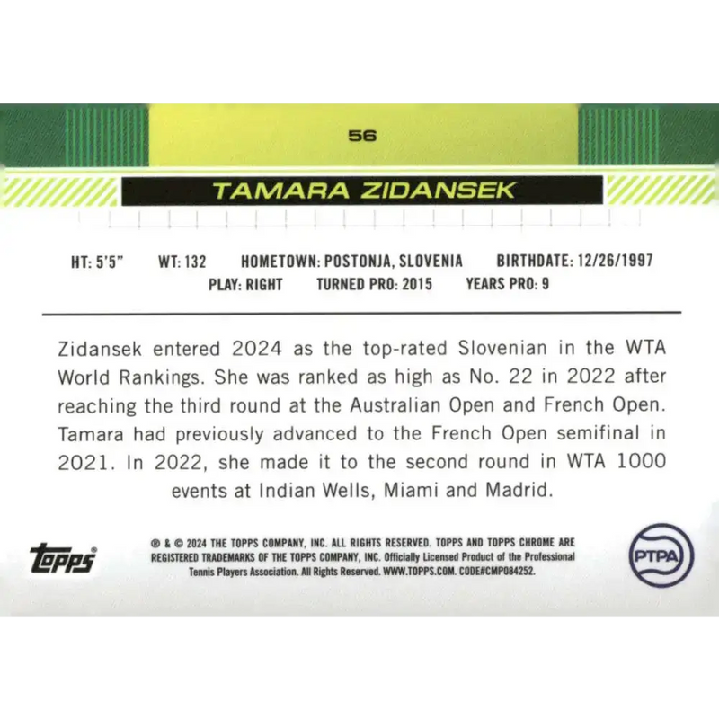 2024 Topps Chrome #56 Tamara Zidansek EX Excellent Tennis Card - Tennis Card Single