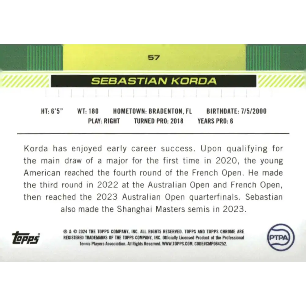 2024 Topps Chrome #57 Sebastian Korda EX Excellent Tennis Card - Tennis Card Single