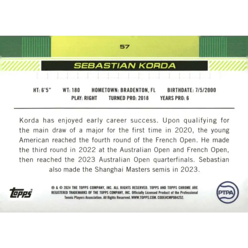 2024 Topps Chrome #57 Sebastian Korda EX Excellent Tennis Card - Tennis Card Single