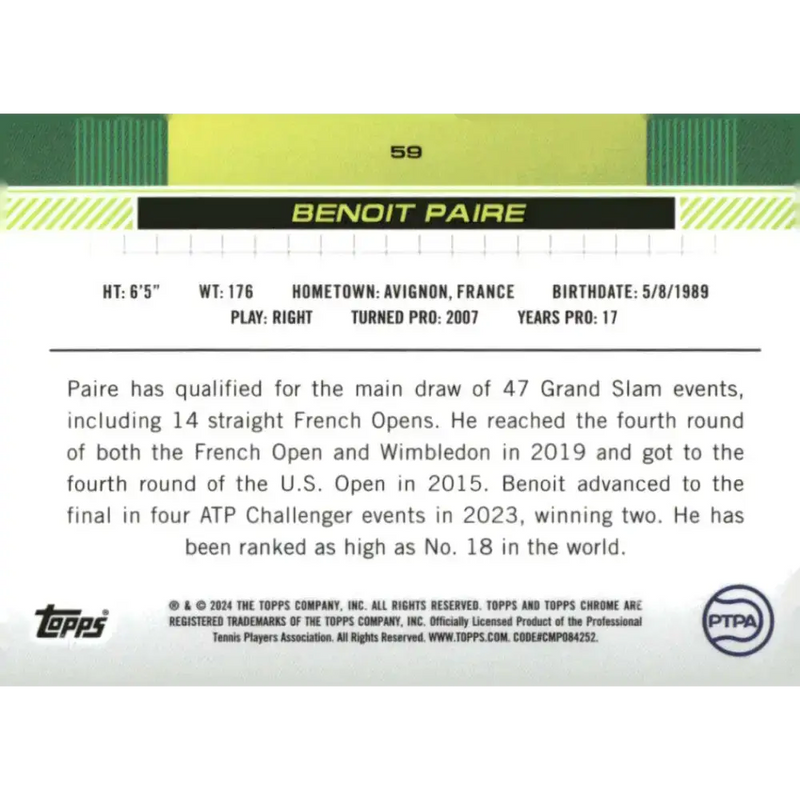 2024 Topps Chrome #59 Benoit Paire EX Excellent Tennis Card - Other
