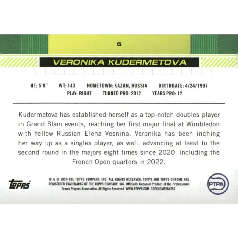 2024 Topps Chrome #6 Veronika Kudermetova EX Excellent Tennis Card - Tennis Card Single