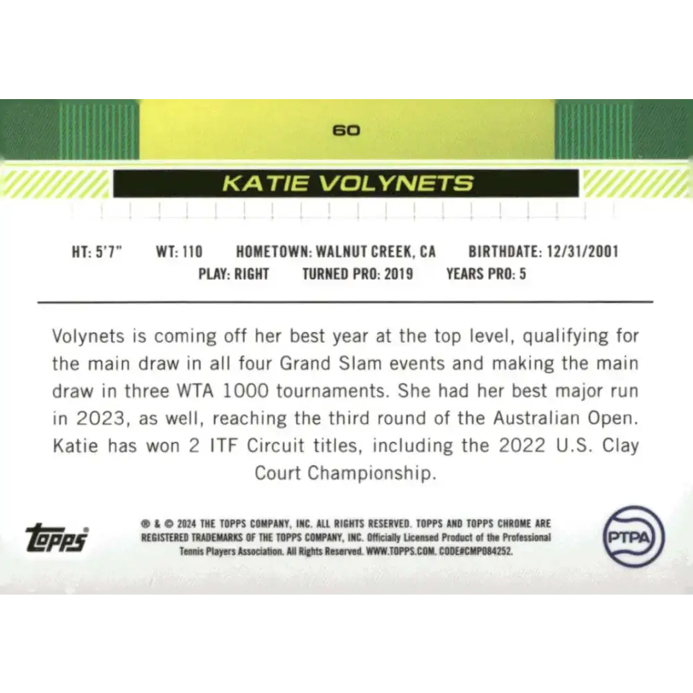 2024 Topps Chrome #60 Katie Volynets EX Excellent Tennis Card - Other