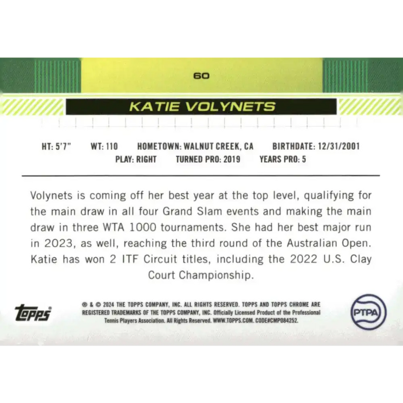 2024 Topps Chrome #60 Katie Volynets EX Excellent Tennis Card - Other
