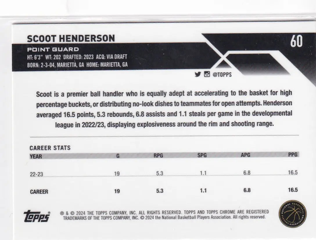 2024 TOPPS CHROME #60 SCOOT HENDERSON- PORTLAND TRAIL BLAZZERS
