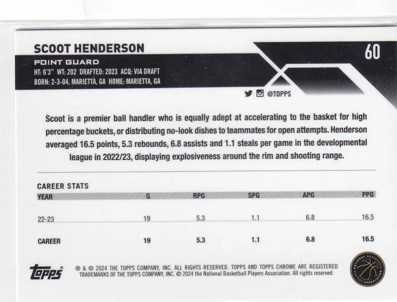 2024 TOPPS CHROME #60 SCOOT HENDERSON- PORTLAND TRAIL BLAZZERS