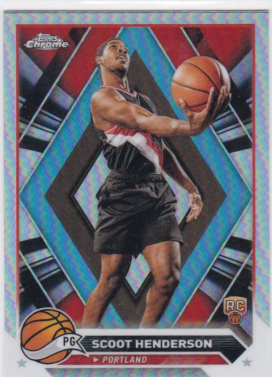 Basketball trading card of Scoot Henderson RC in black uniform for Topps Chrome