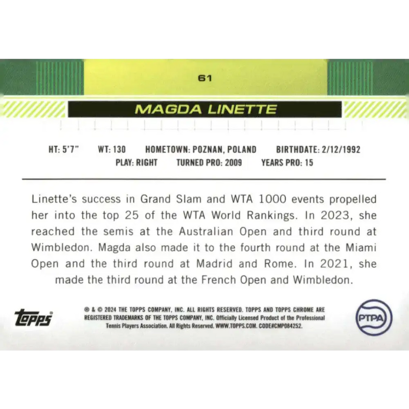2024 Topps Chrome #61 Magda Linette EX Excellent Tennis Card - Other