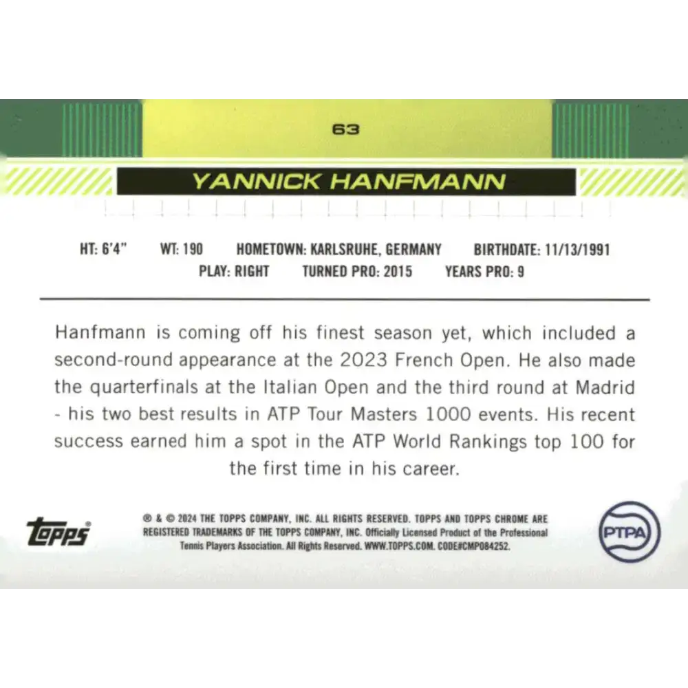 2024 Topps Chrome #63 Yannick Hanfmann EX Excellent Tennis Card