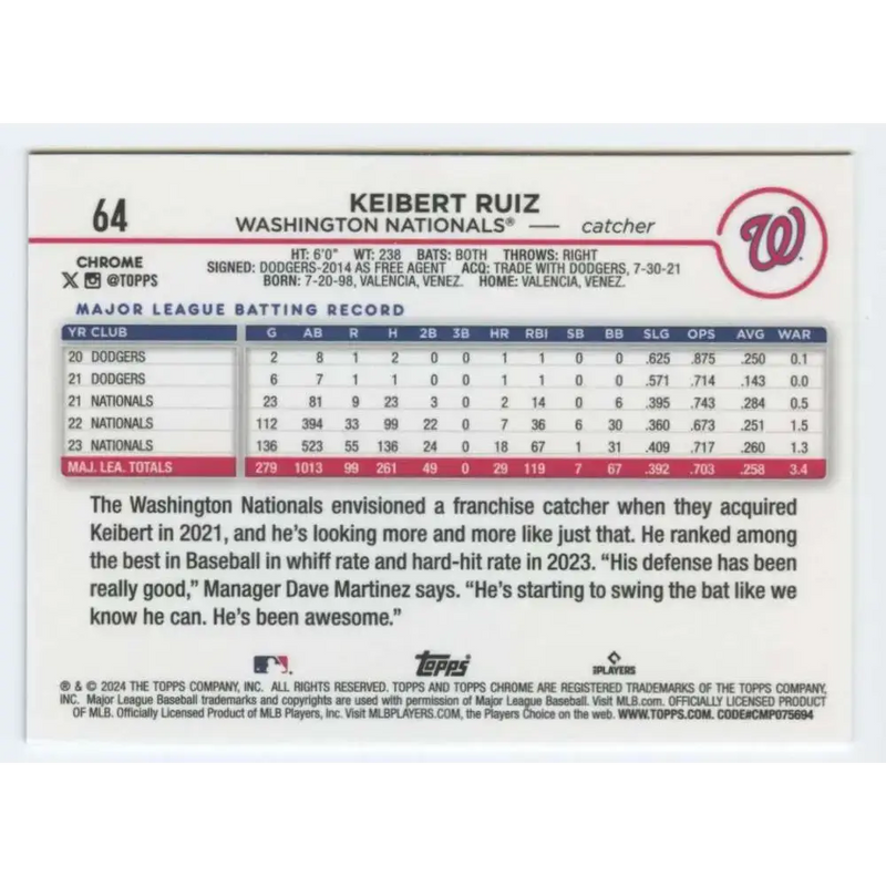 2024 Topps Chrome #64 Keibert Ruiz NM-MT Washington Nationals Baseball Card - Baseball Card Single
