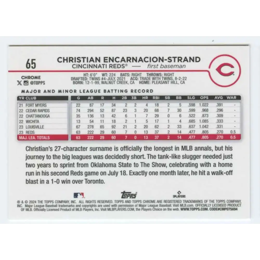 2024 Topps Chrome #65 Christian Encarnacion-Strand NM-MT RC Rookie Cincinnati Reds Baseball Card - Baseball Card Single