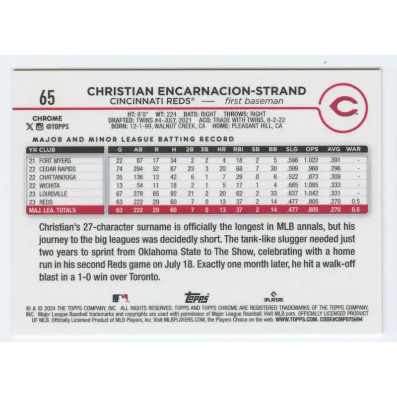 2024 Topps Chrome #65 Christian Encarnacion-Strand NM-MT RC Rookie Cincinnati Reds Baseball Card - Baseball Card Single