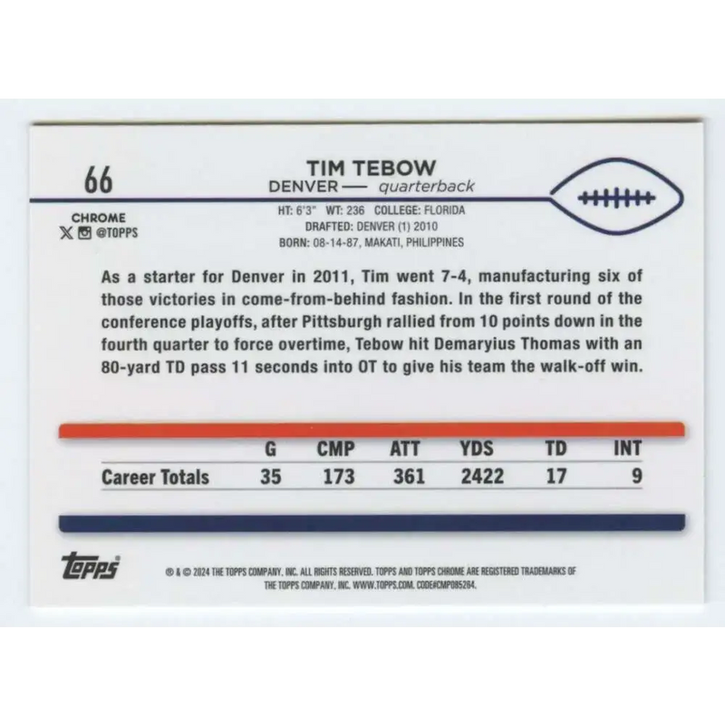 2024 Topps Chrome #66 Tim Tebow NM-MT Denver Broncos Football Card - Football Card Single