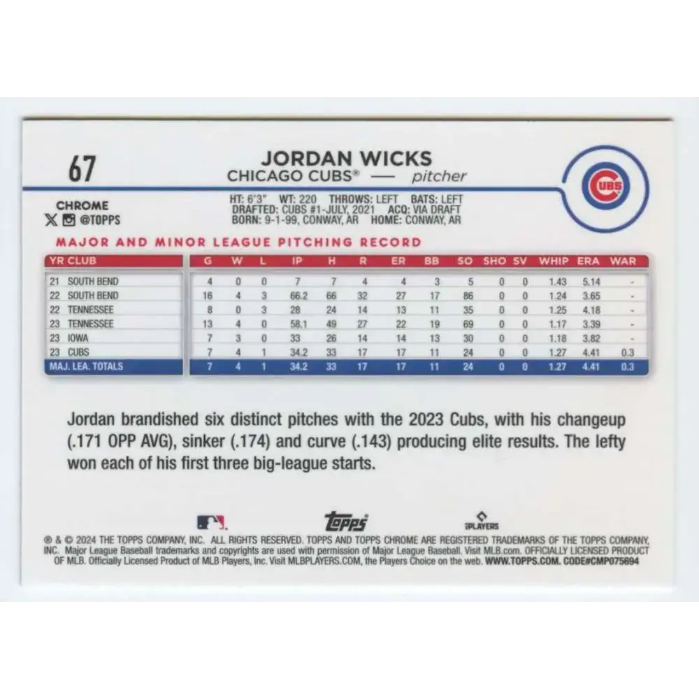 2024 Topps Chrome #67 Jordan Wicks NM-MT RC Rookie Chicago Cubs Baseball Card - Baseball Card Single