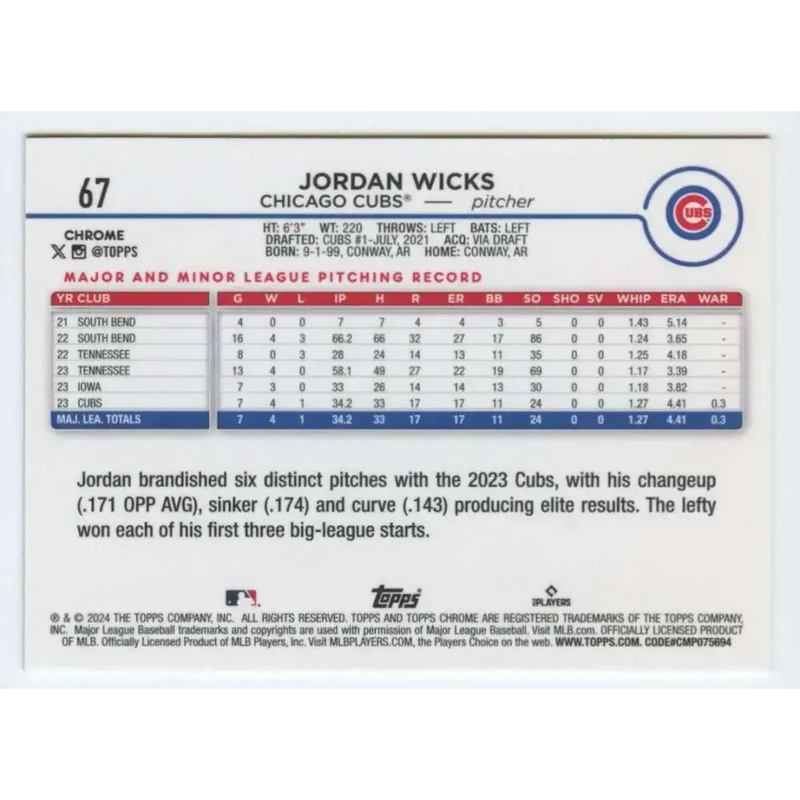 2024 Topps Chrome #67 Jordan Wicks NM-MT RC Rookie Chicago Cubs Baseball Card - Baseball Card Single