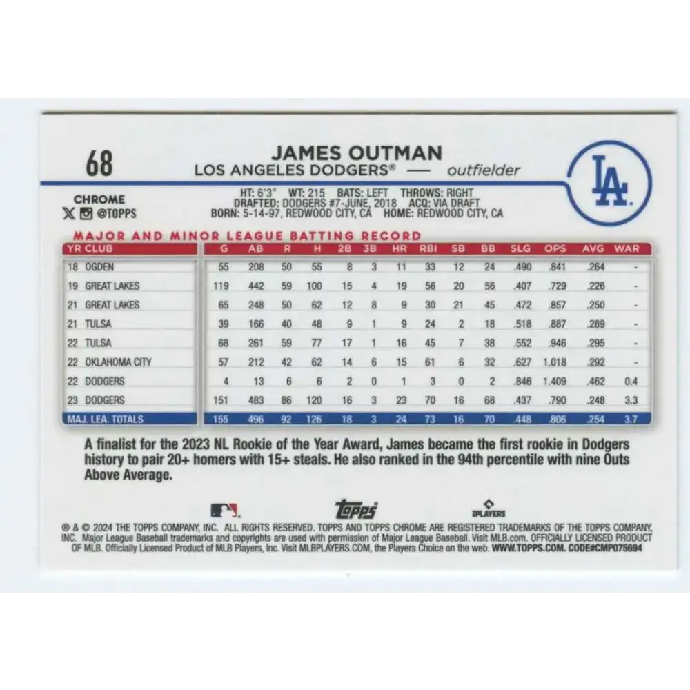 2024 Topps Chrome #68 James Outman NM-MT Los Angeles Dodgers Baseball Card - Baseball Card Single