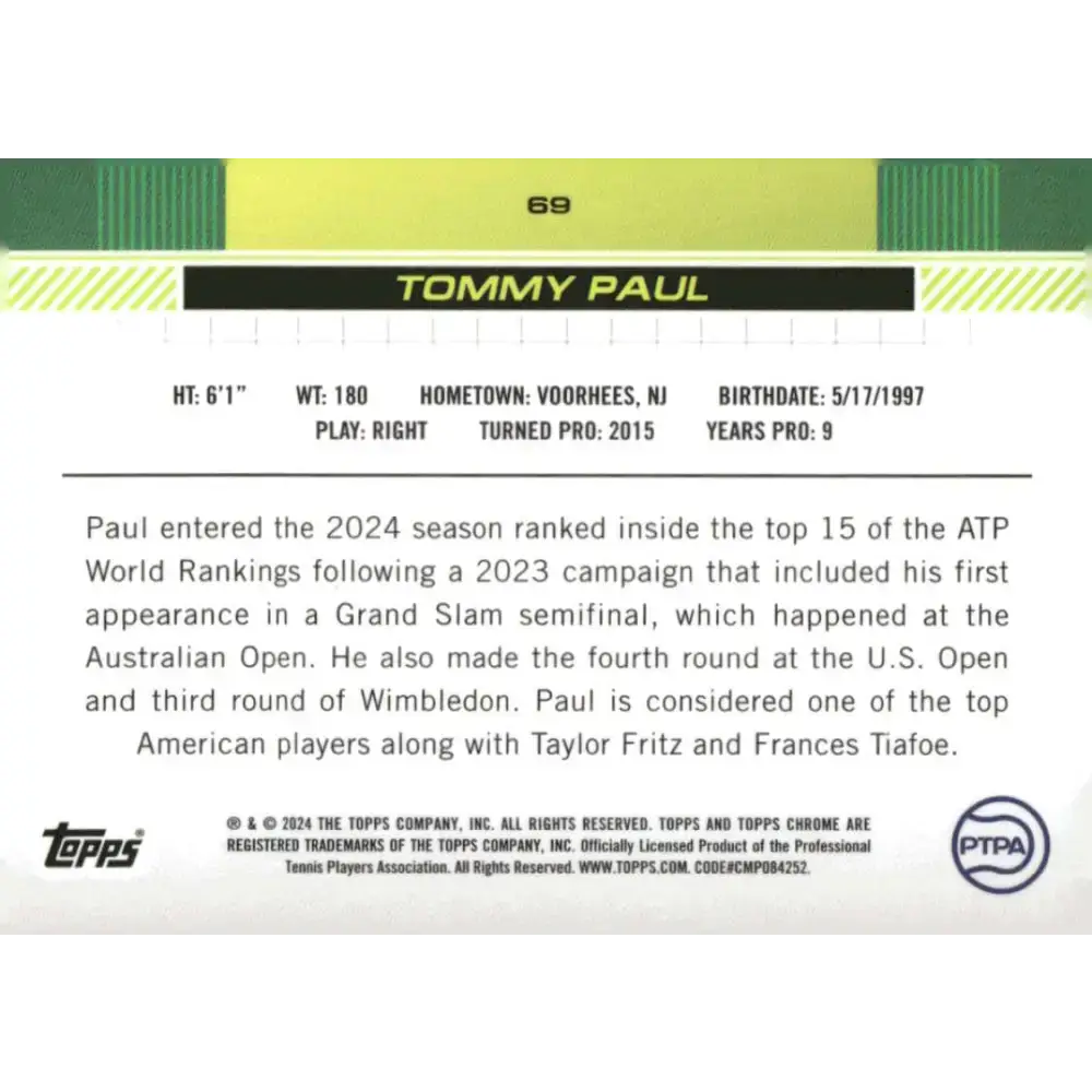 2024 Topps Chrome #69 Tommy Paul EX Excellent Tennis Card - Other