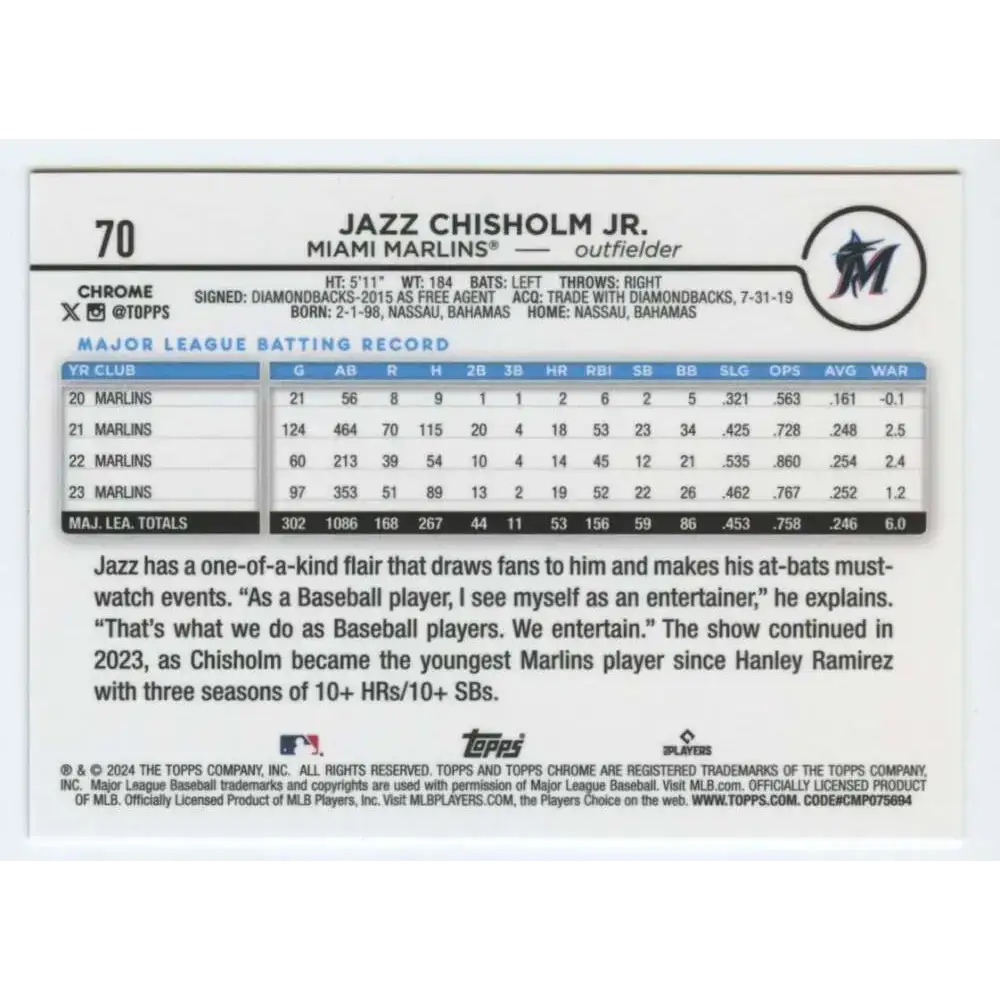 2024 Topps Chrome #70 Jazz Chisholm Jr. NM-MT Miami Marlins Baseball Card - Baseball Card Single