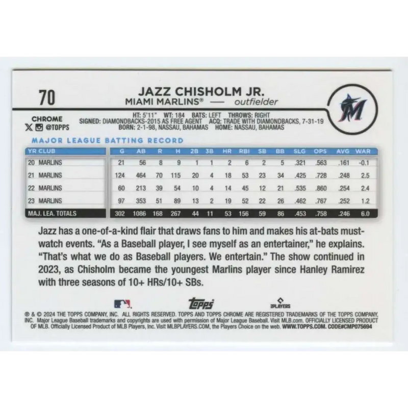 2024 Topps Chrome #70 Jazz Chisholm Jr. NM-MT Miami Marlins Baseball Card - Baseball Card Single