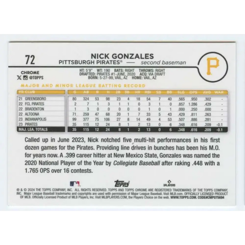 2024 Topps Chrome #72 Nick Gonzales NM-MT RC Rookie Pittsburgh Pirates Baseball Card - Baseball Card Single