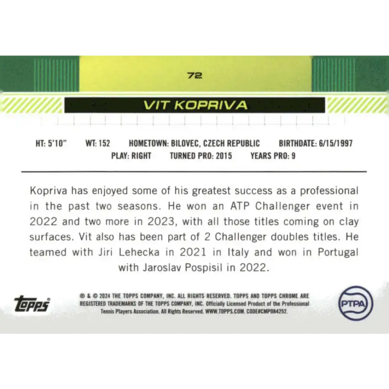 2024 Topps Chrome #72 Vit Kopriva EX Excellent Tennis Card - Other