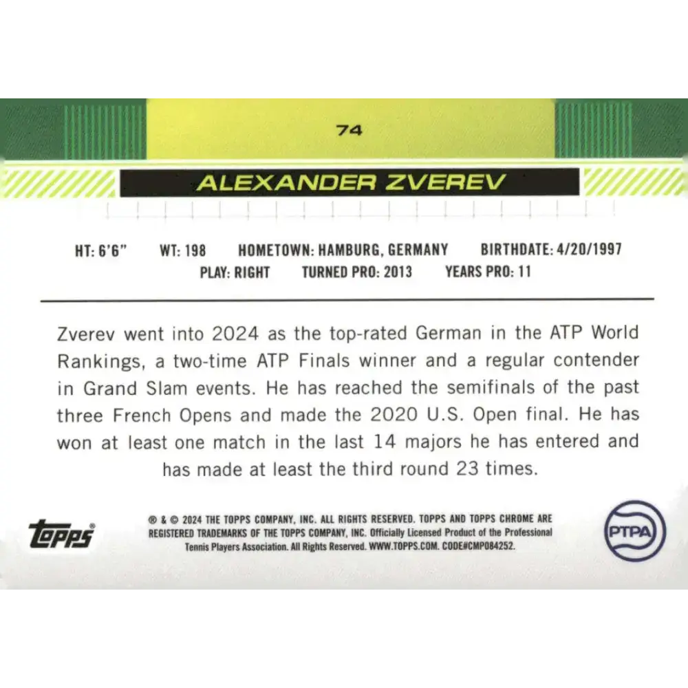 2024 Topps Chrome #74 Alexander Zverev EX Excellent Tennis Card - Tennis Card Single