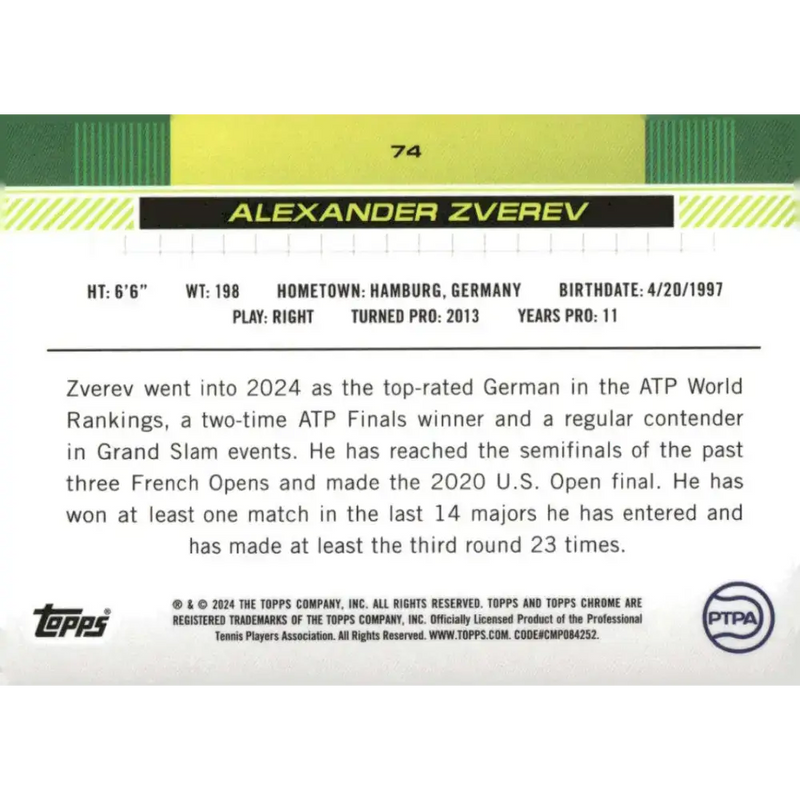2024 Topps Chrome #74 Alexander Zverev EX Excellent Tennis Card - Tennis Card Single