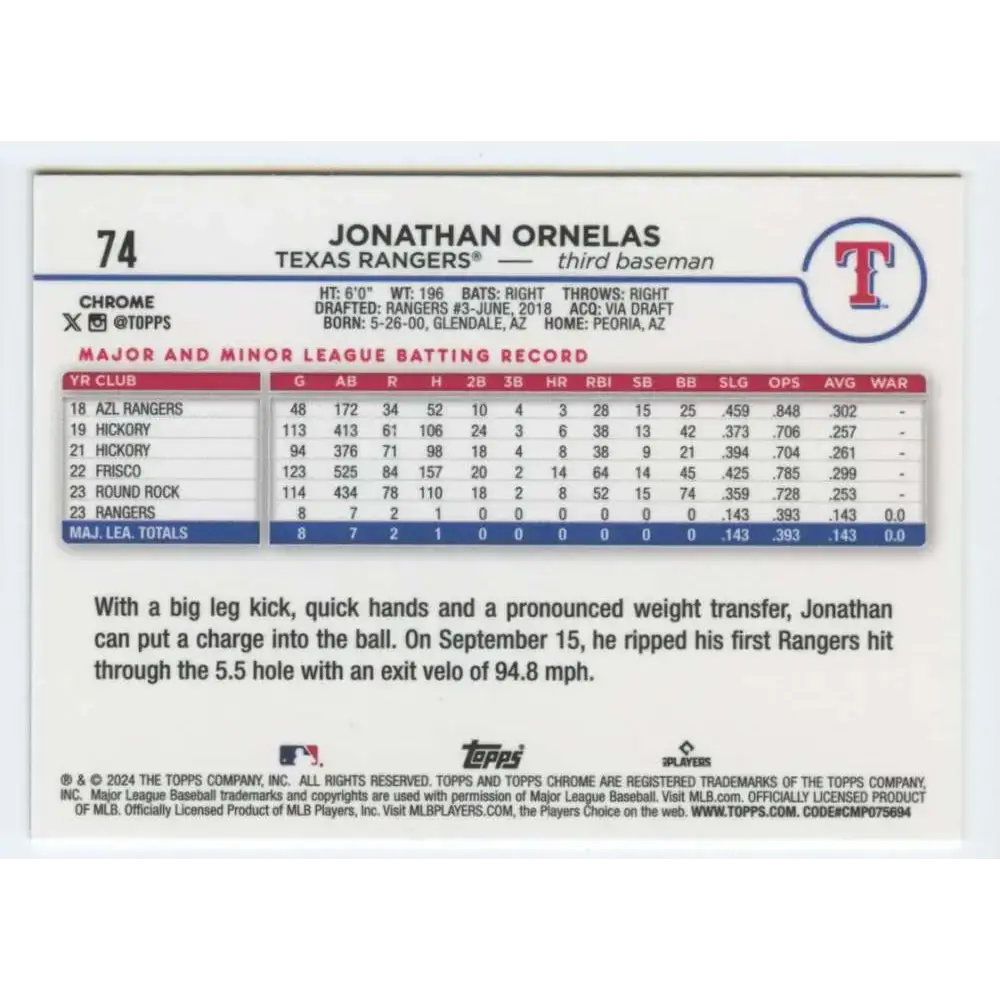 2024 Topps Chrome #74 Jonathan Ornelas NM-MT RC Rookie Texas Rangers Baseball Card - Baseball Card Single