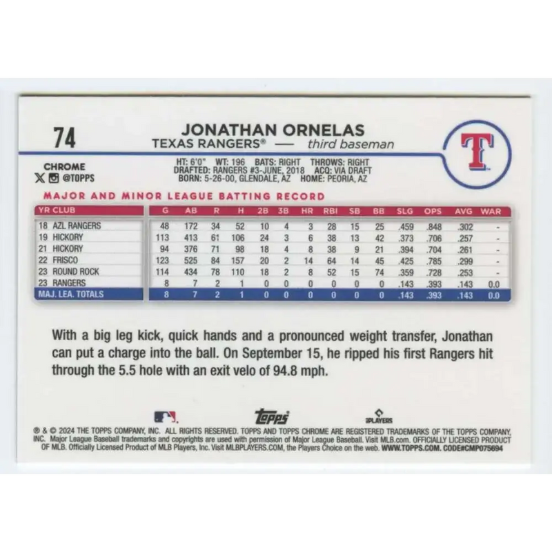 2024 Topps Chrome #74 Jonathan Ornelas NM-MT RC Rookie Texas Rangers Baseball Card - Baseball Card Single