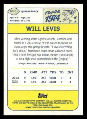 2024 Topps Chrome #74TF-24 Will Levis 1974 Topps Football Lazer Refractor - Football Card Single