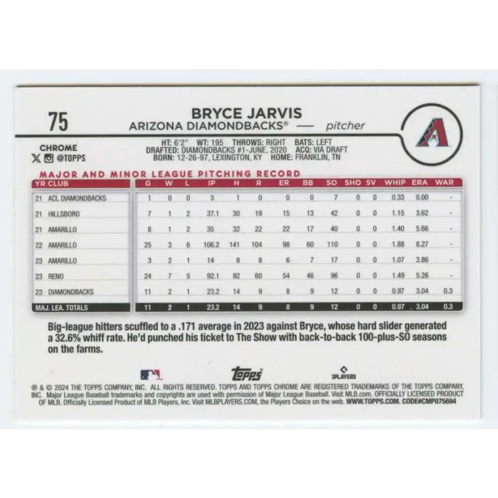 2024 Topps Chrome #75 Bryce Jarvis NM-MT RC Rookie Arizona Diamondbacks Baseball Card - Baseball Card Single