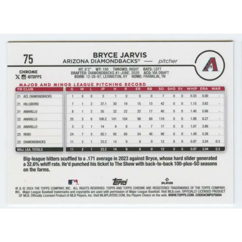 2024 Topps Chrome #75 Bryce Jarvis NM-MT RC Rookie Arizona Diamondbacks Baseball Card - Baseball Card Single