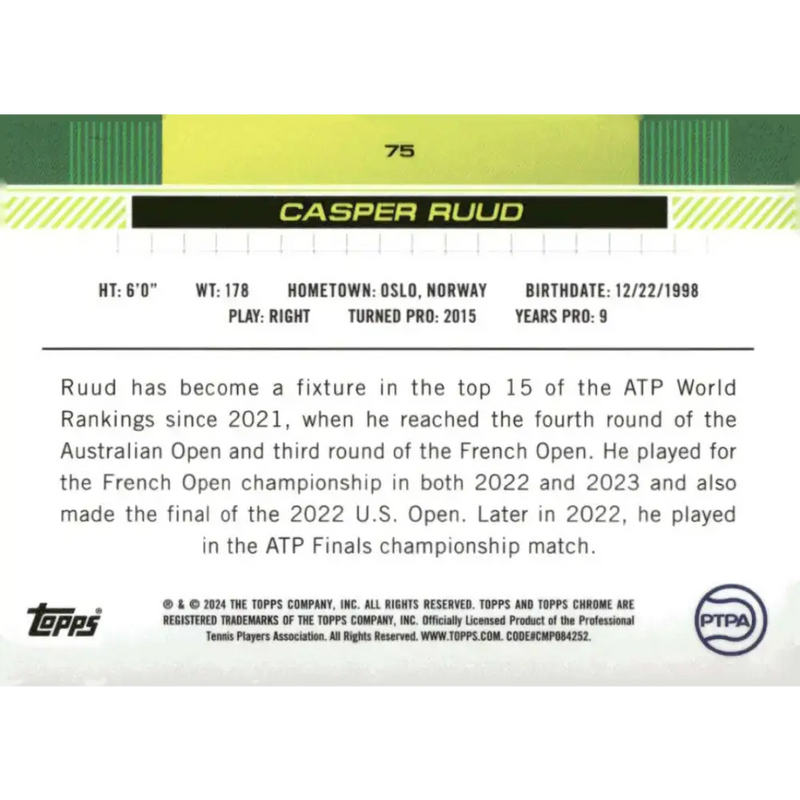 2024 Topps Chrome #75 Casper Ruud EX Excellent Tennis Card - Other