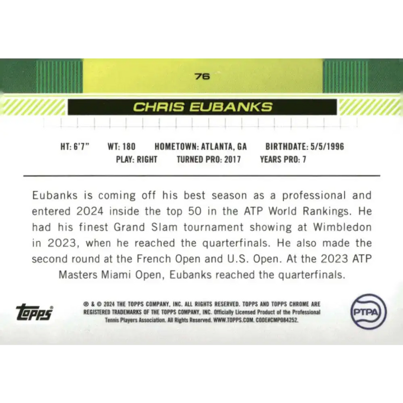 2024 Topps Chrome #76 Chris Eubanks EX Excellent Tennis Card - Other
