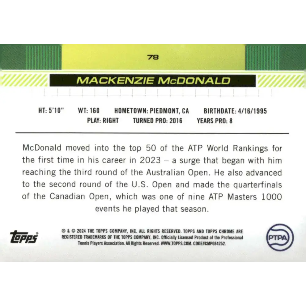 2024 Topps Chrome #78 Mackenzie McDonald EX Excellent Tennis Card - Tennis Card Single