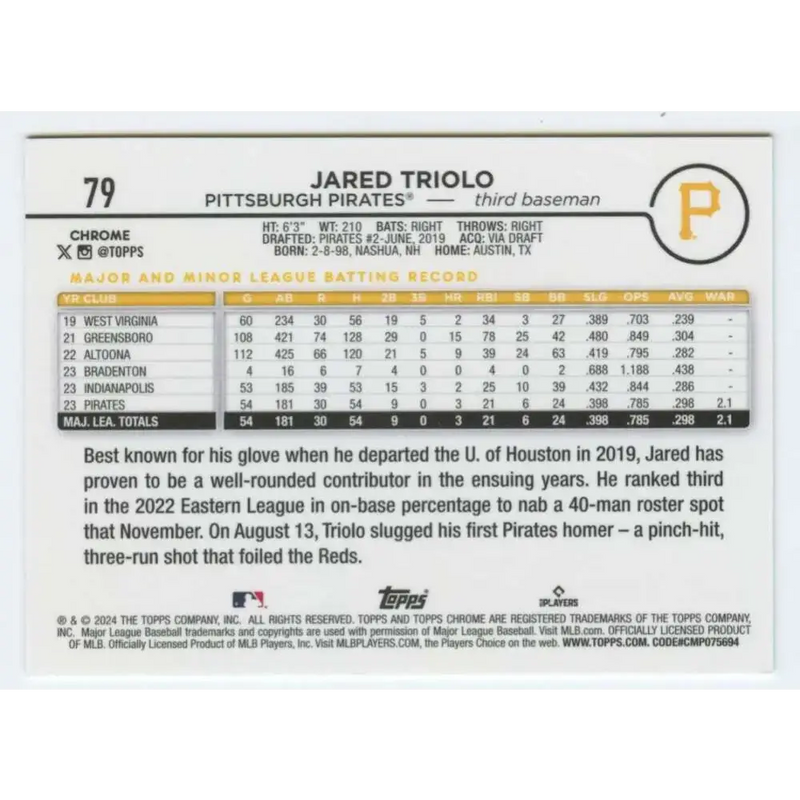 2024 Topps Chrome #79 Jared Triolo NM-MT RC Rookie Pittsburgh Pirates Baseball Card - Baseball Card Single