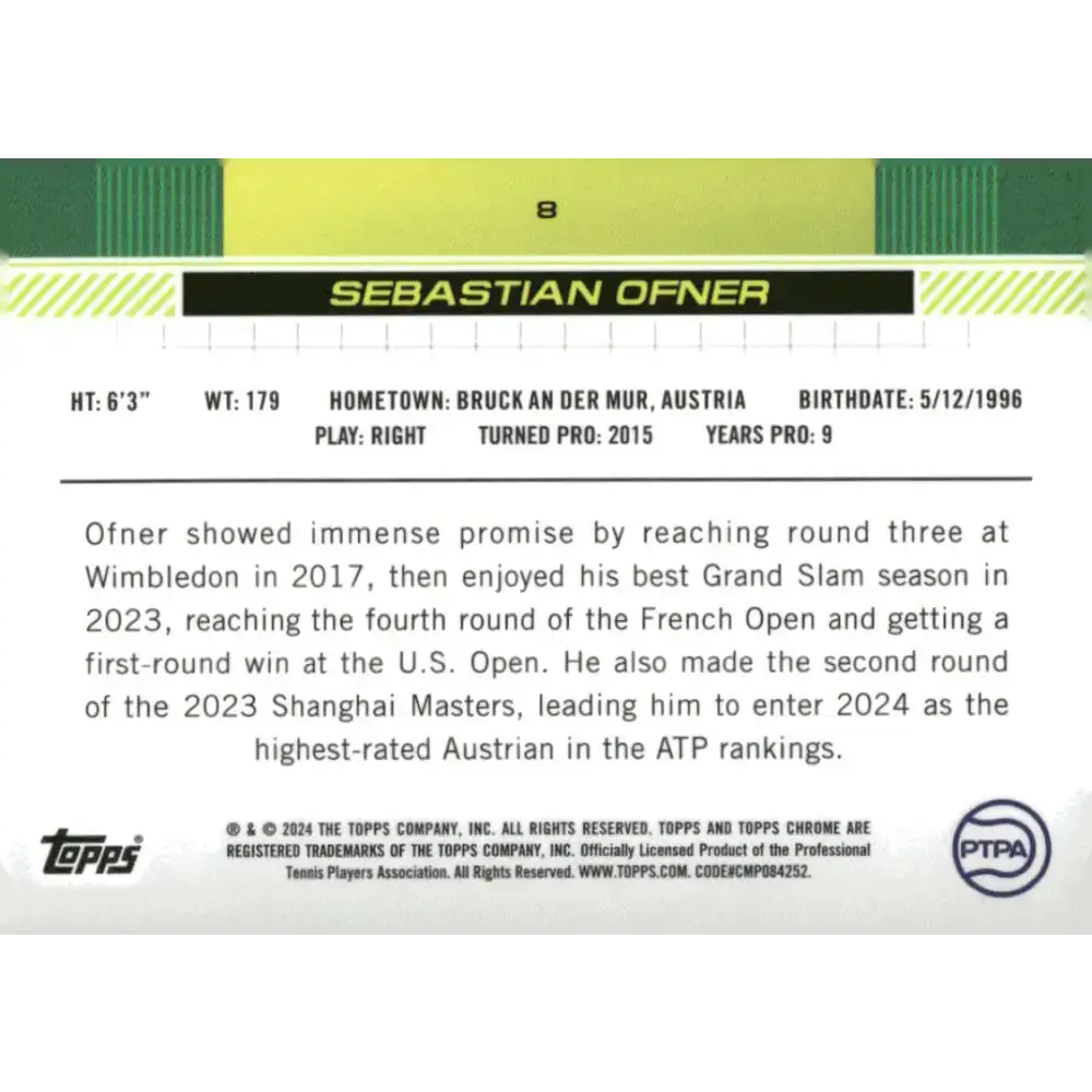 2024 Topps Chrome #8 Sebastian Ofner EX Excellent Tennis Card - Other