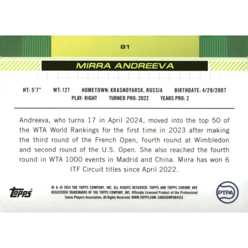 2024 Topps Chrome #81 Mirra Andreeva EX Excellent RC Rookie Tennis Card - Other