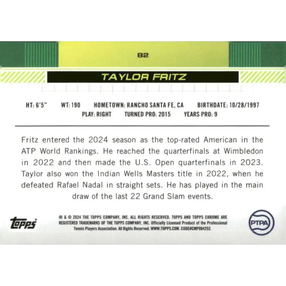 2024 Topps Chrome #82 Taylor Fritz EX Excellent Tennis Card - Other