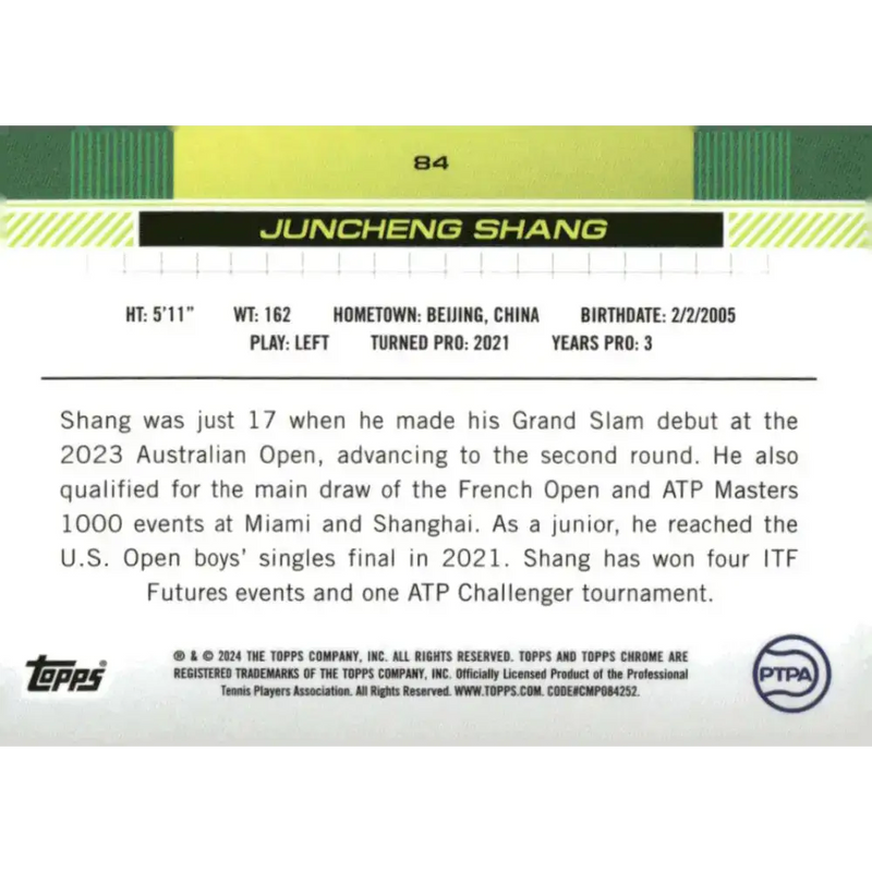 2024 Topps Chrome #84 Juncheng Shang EX Excellent RC Rookie Tennis Card - Other