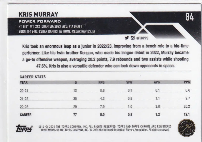 2024 TOPPS CHROME #84 KRIS MURRAY GREEN LOGO- PORTLAND TRAIL BLAZZERS - Basketball Card Single