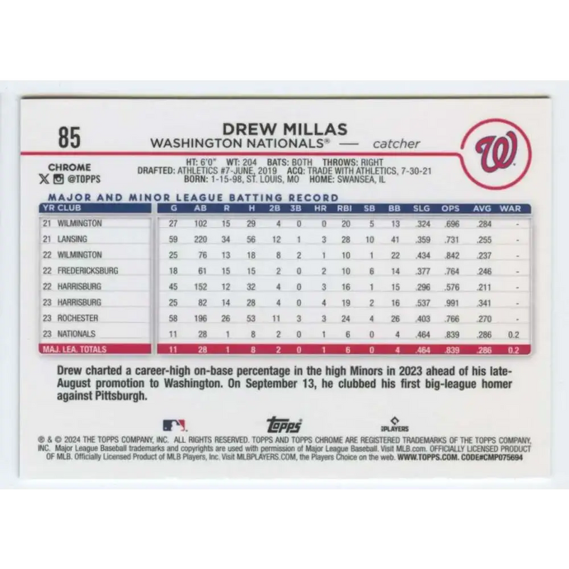 2024 Topps Chrome #85 Drew Millas NM-MT RC Rookie Washington Nationals Baseball Card - Baseball Card Single