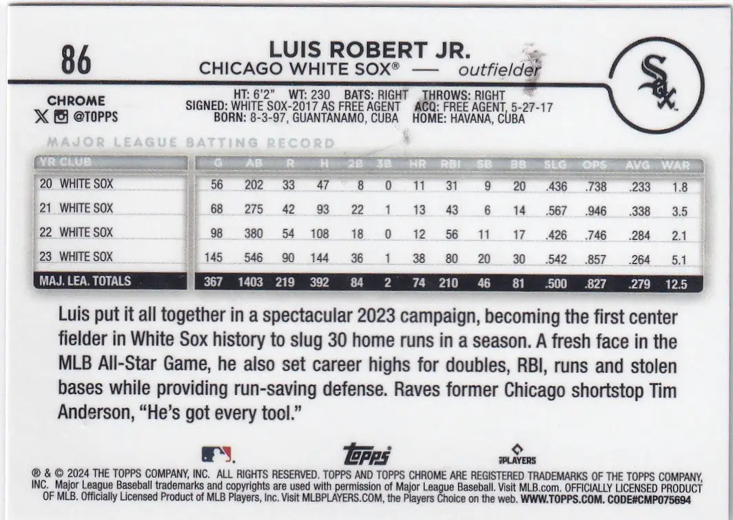 2024 TOPPS CHROME #86 LUIS ROBERT JR HYPER- CHICAGO WHITE SOX - Baseball Card Single