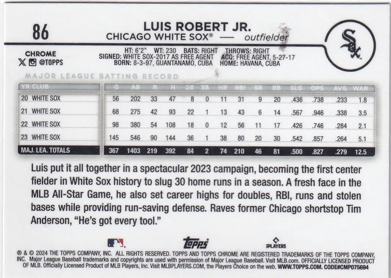 2024 TOPPS CHROME #86 LUIS ROBERT JR HYPER- CHICAGO WHITE SOX - Baseball Card Single